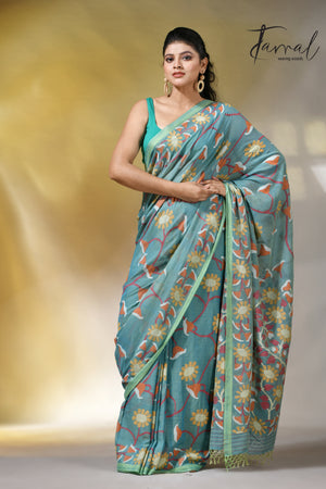 Moss green allover floral handwoven pure cotton jamdani saree