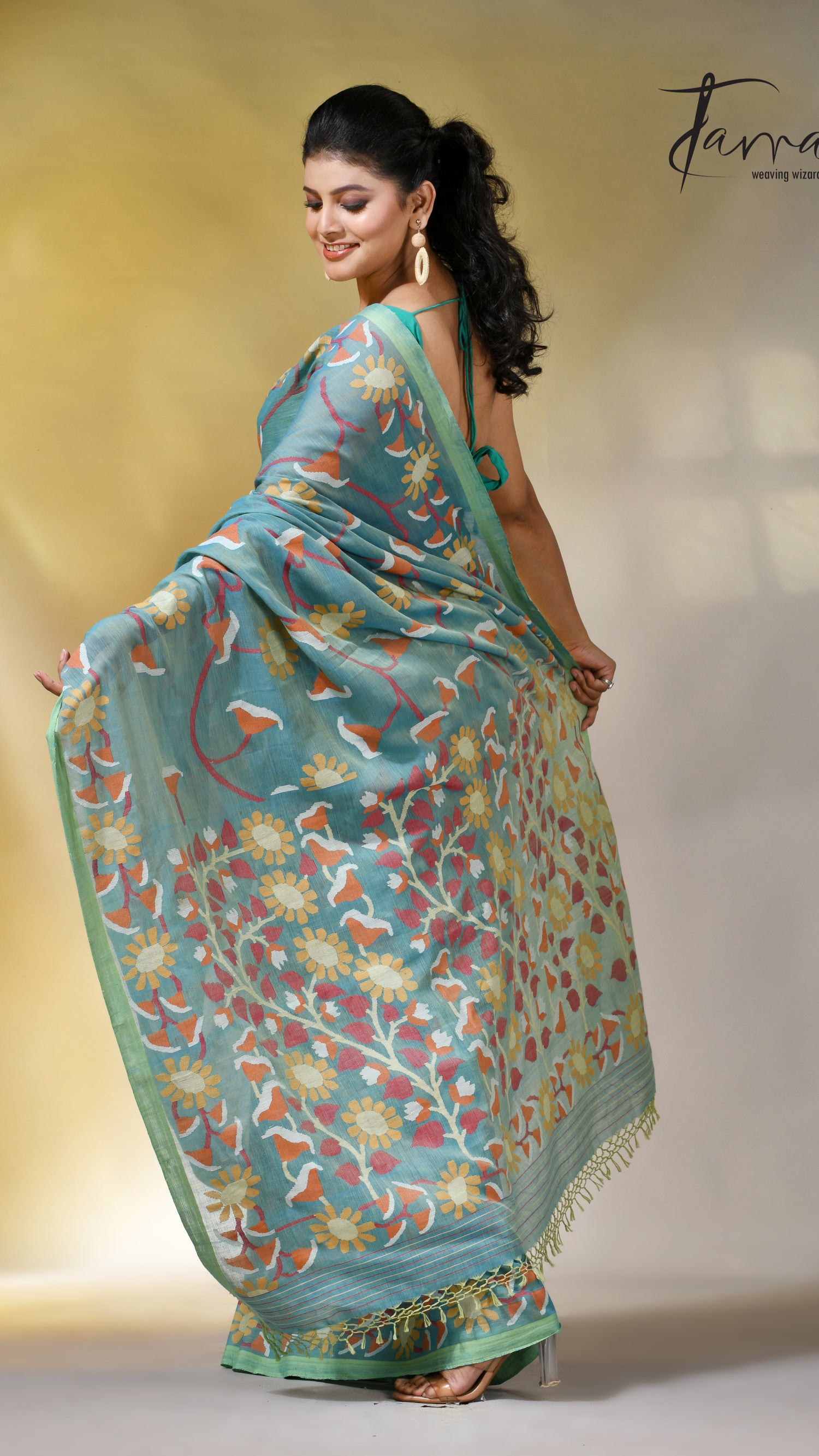 Moss green allover floral handwoven pure cotton jamdani saree