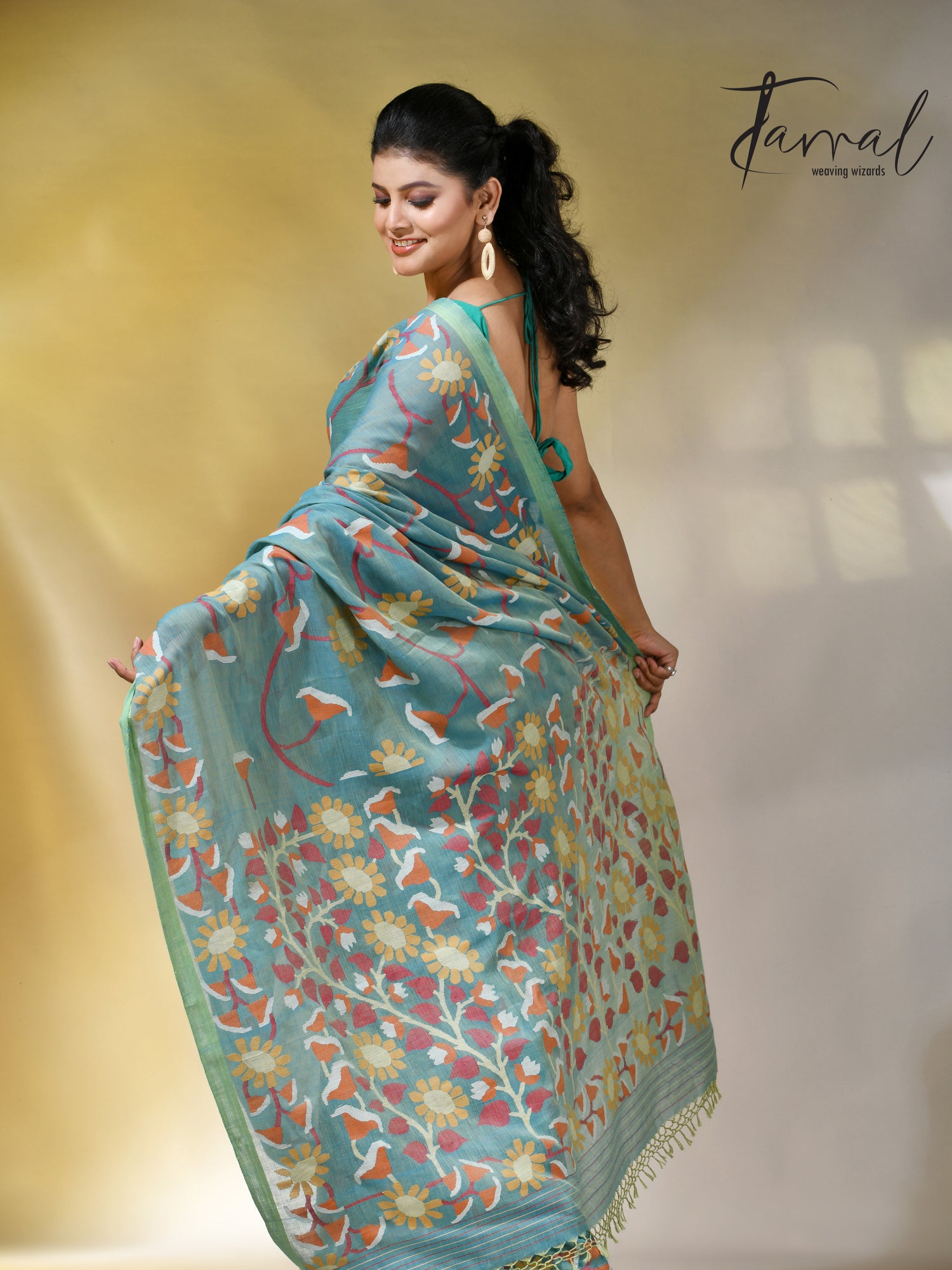 Moss green allover floral handwoven pure cotton jamdani saree