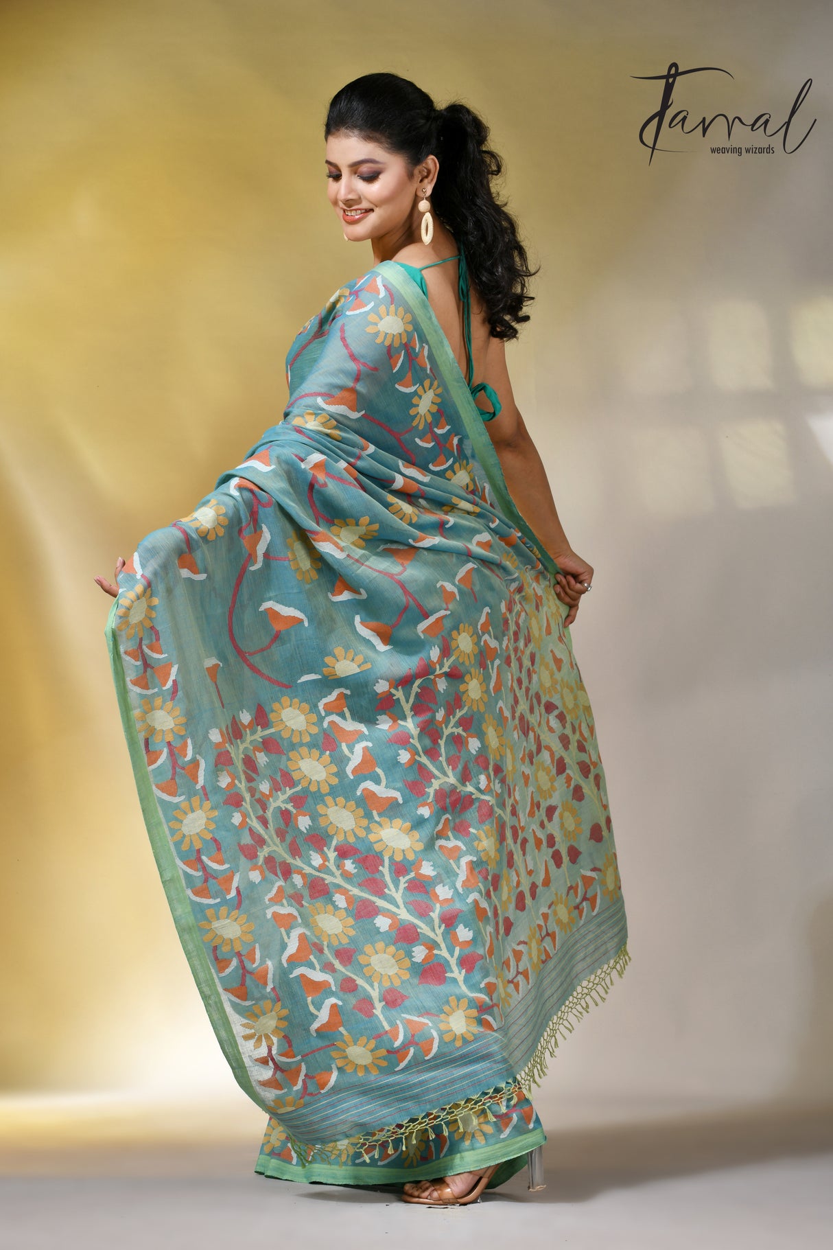 Moss green allover floral handwoven pure cotton jamdani saree