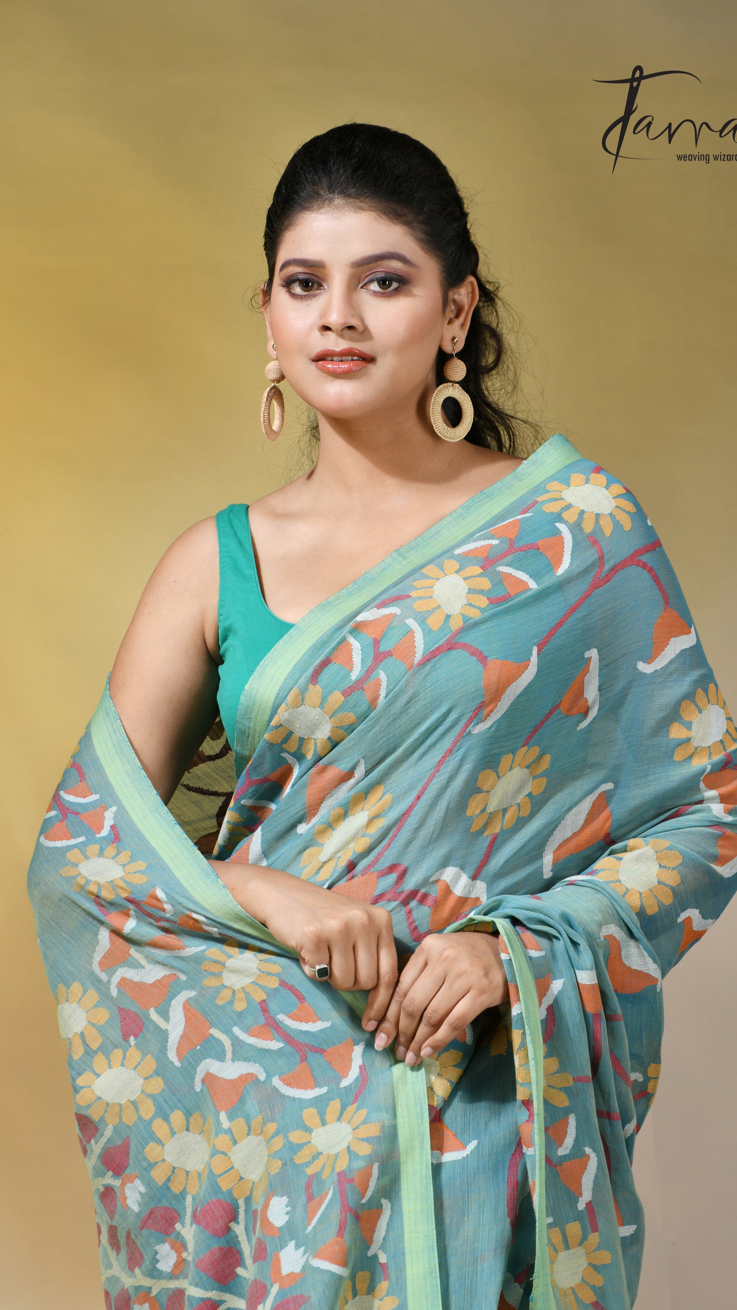 Moss green allover floral handwoven pure cotton jamdani saree