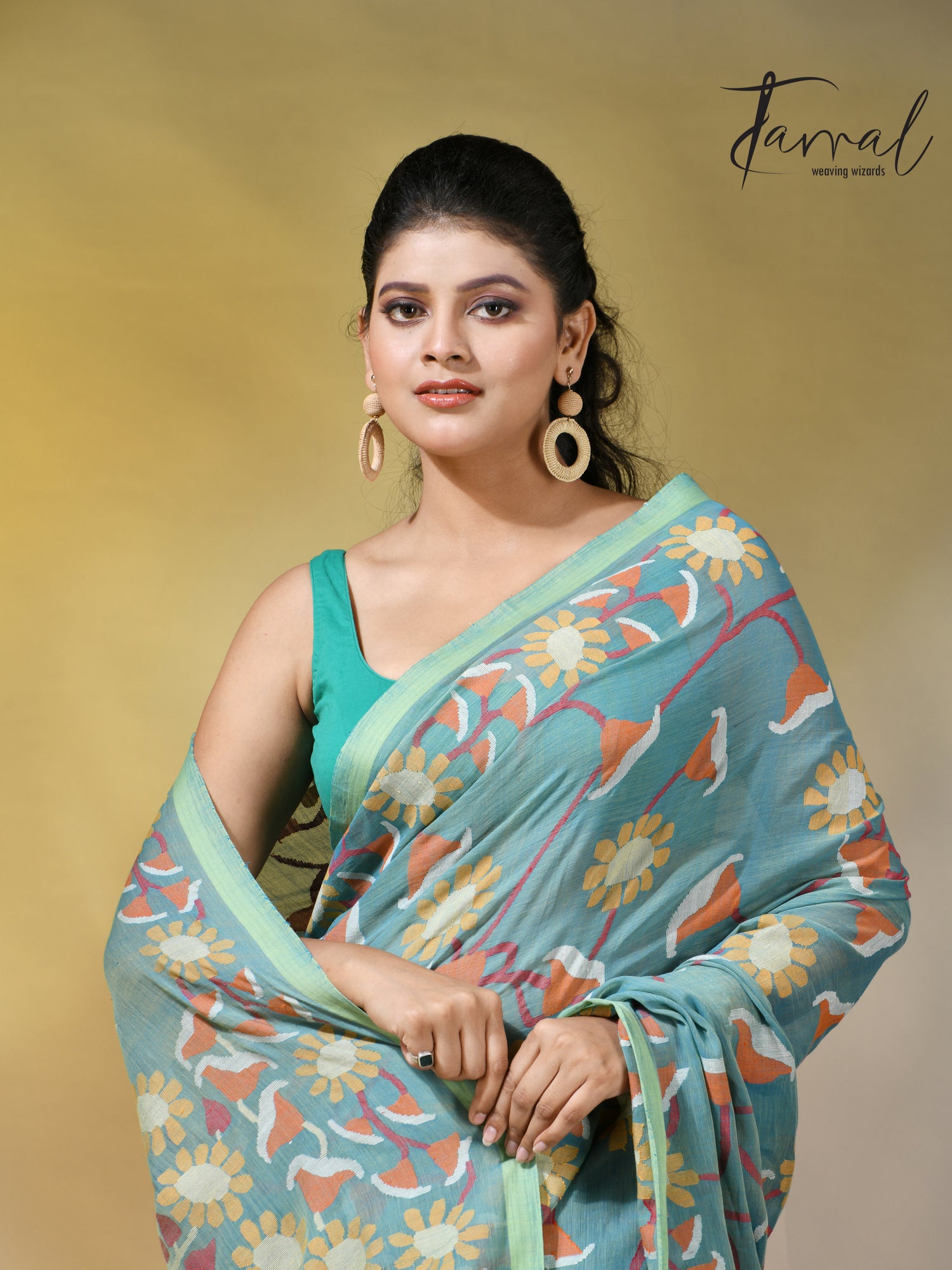 Moss green allover floral handwoven pure cotton jamdani saree