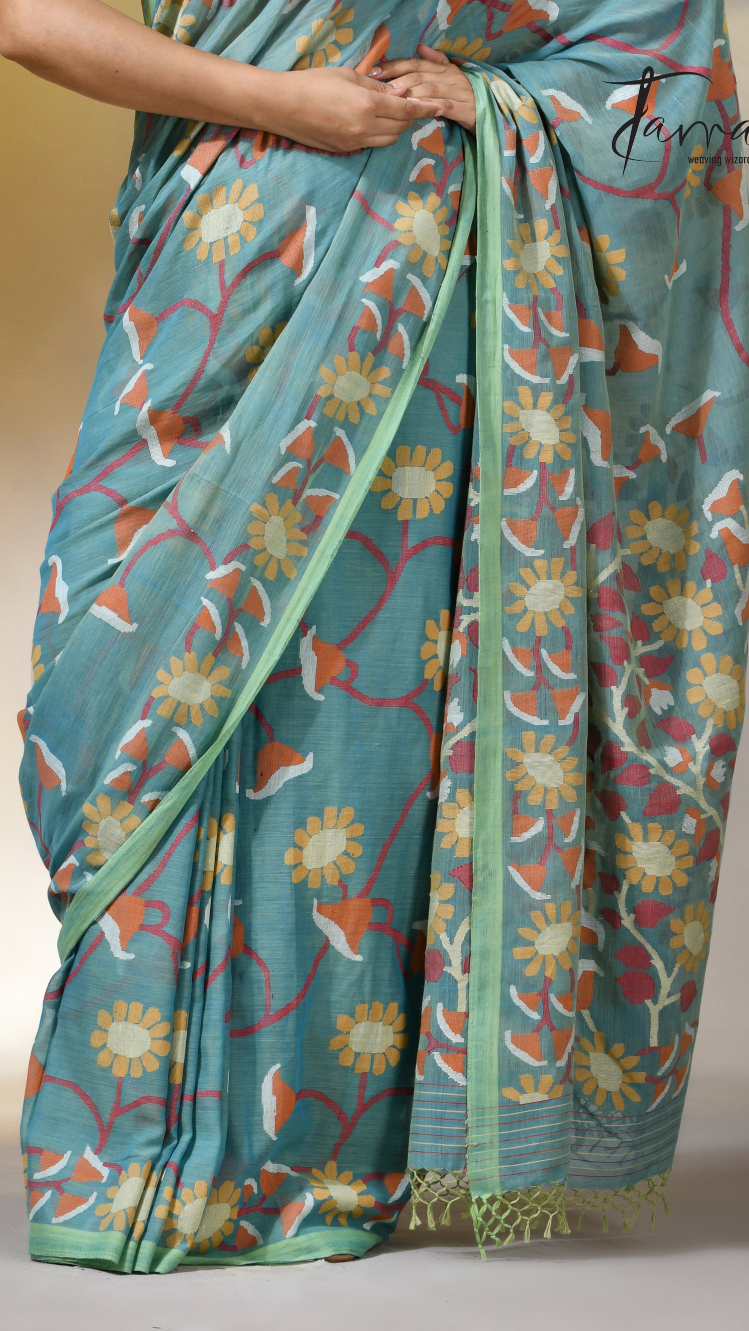 Moss green allover floral handwoven pure cotton jamdani saree