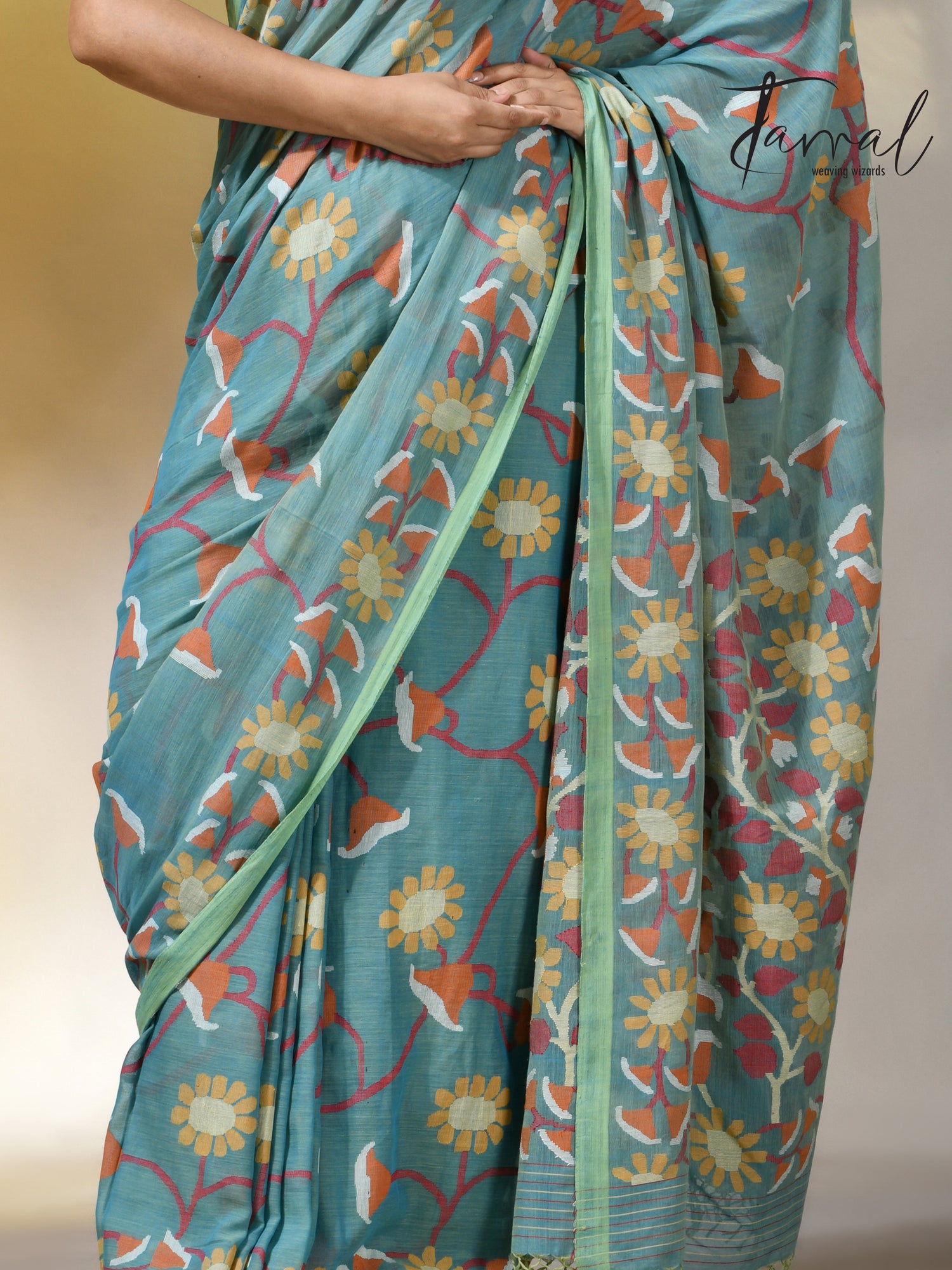 Moss green allover floral handwoven pure cotton jamdani saree