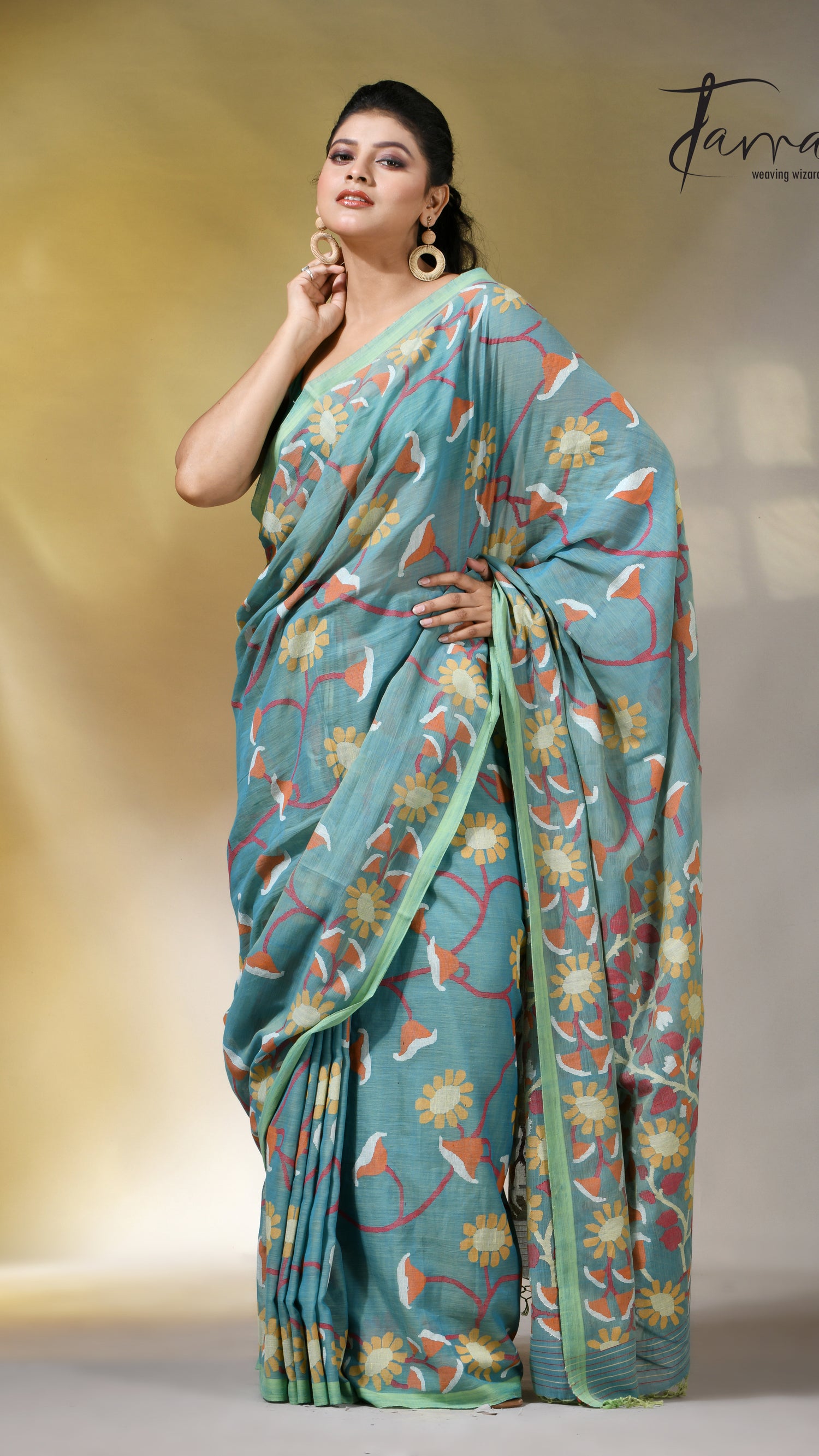 Moss green allover floral handwoven pure cotton jamdani saree