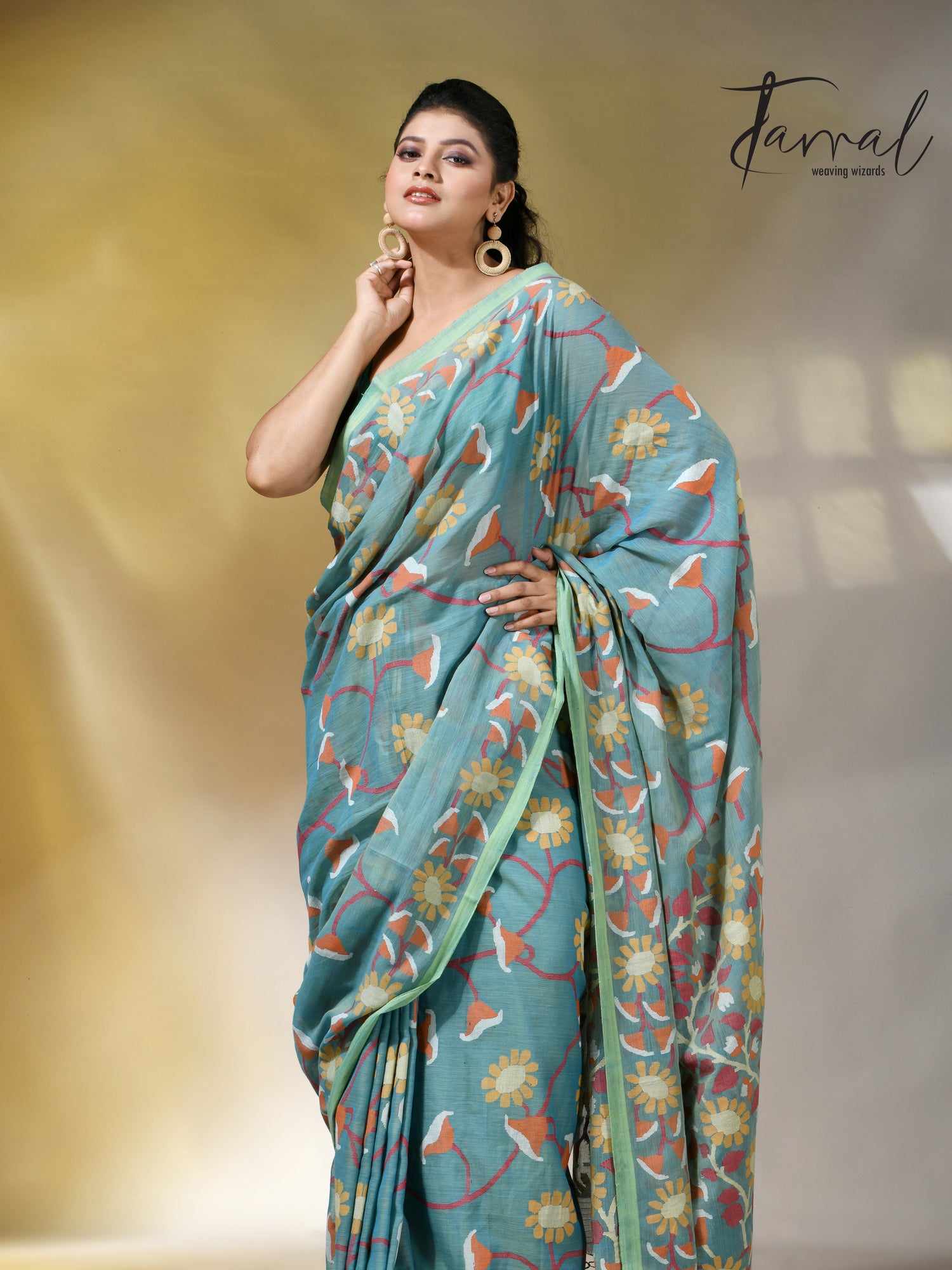 Moss green allover floral handwoven pure cotton jamdani saree