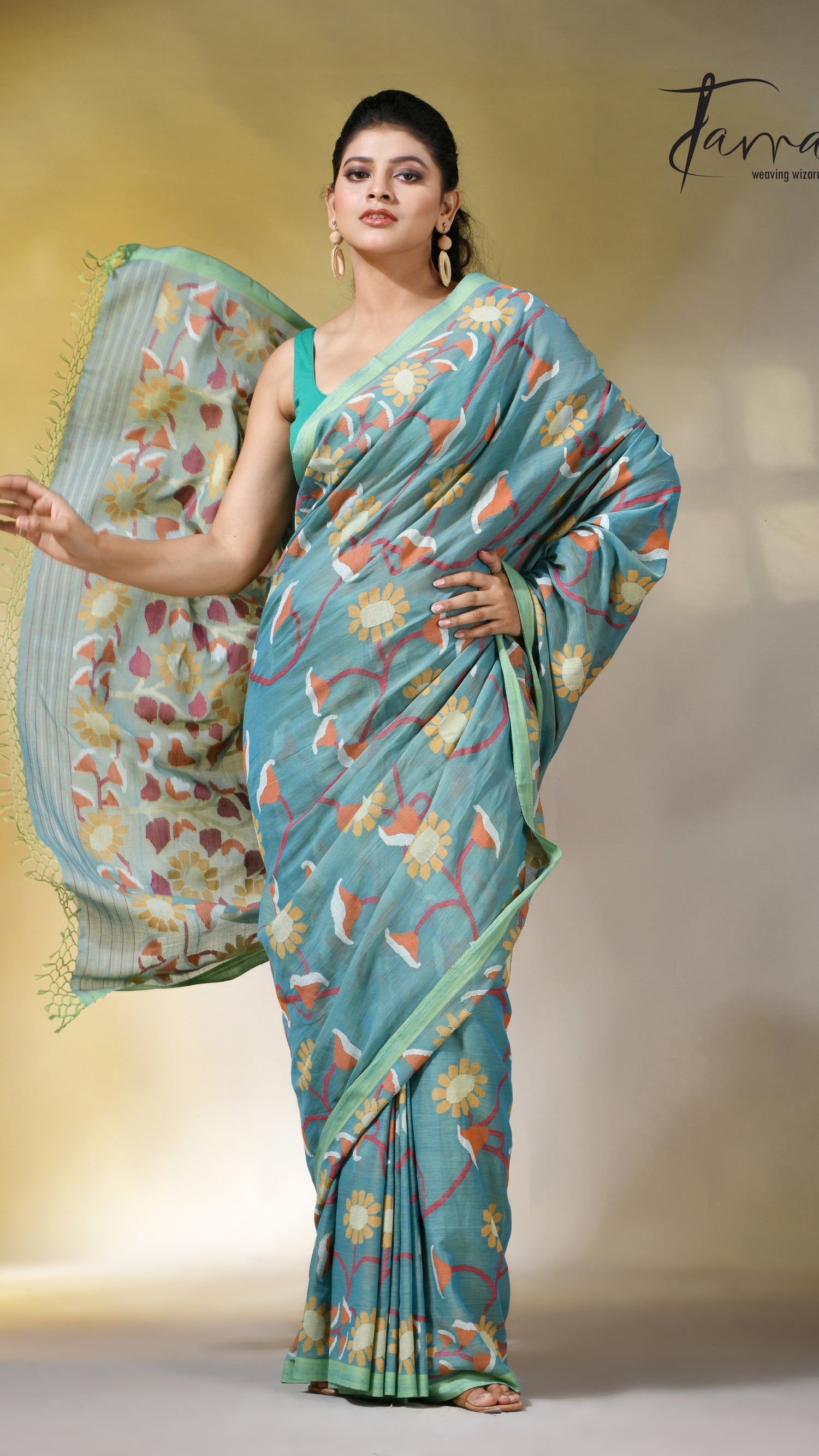 Moss green allover floral handwoven pure cotton jamdani saree