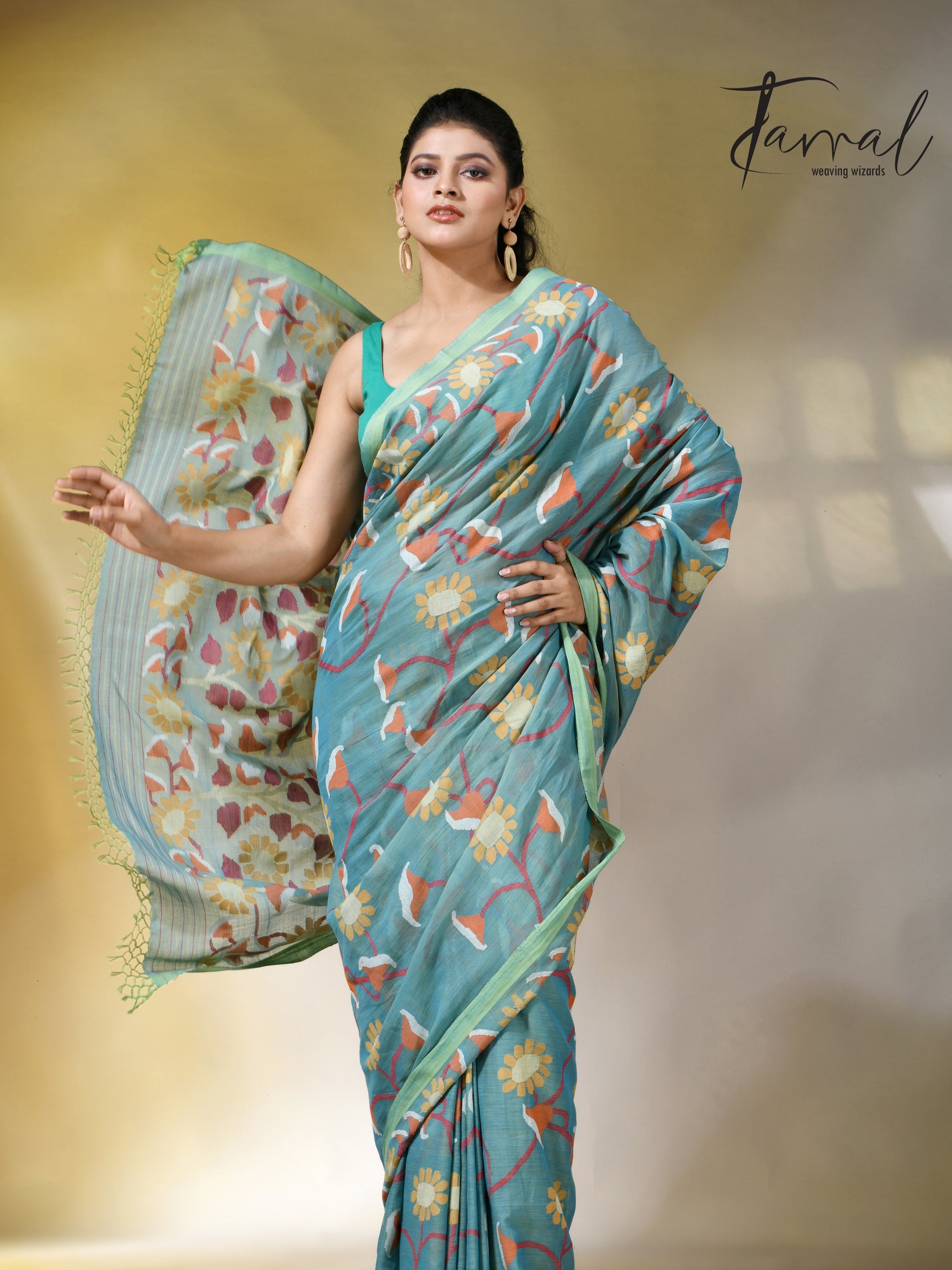 Moss green allover floral handwoven pure cotton jamdani saree