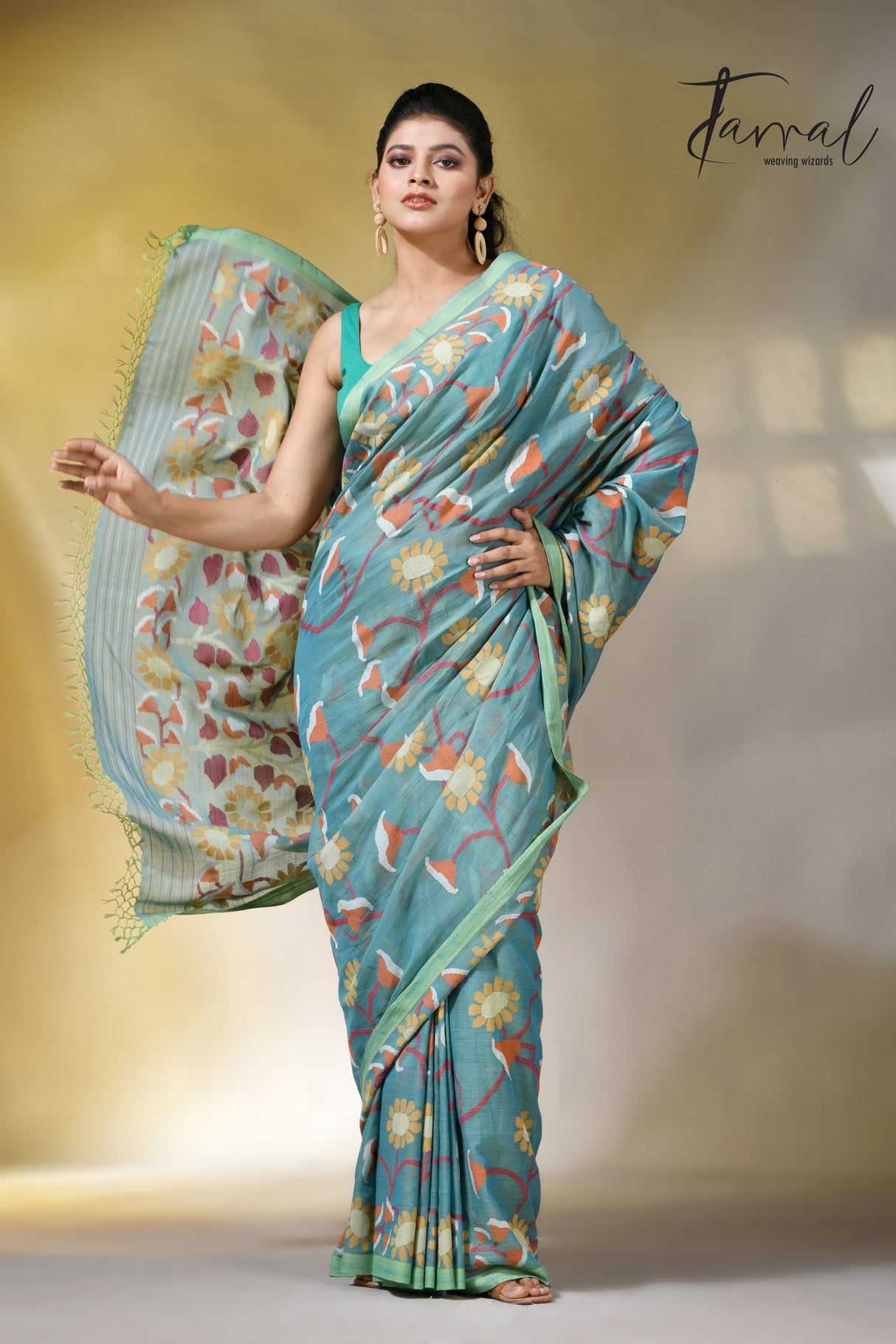 Moss green allover floral handwoven pure cotton jamdani saree