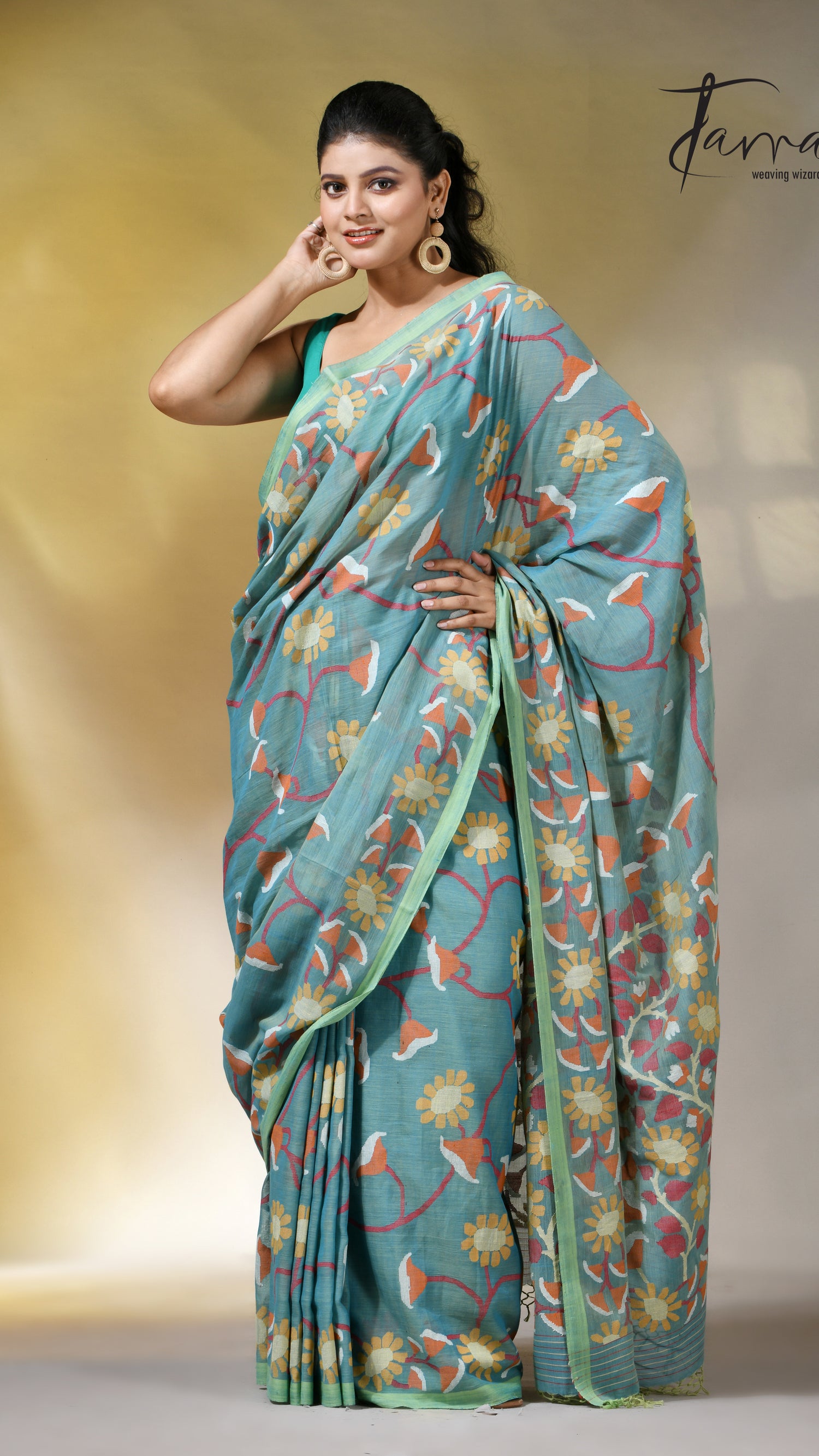 Moss green allover floral handwoven pure cotton jamdani saree