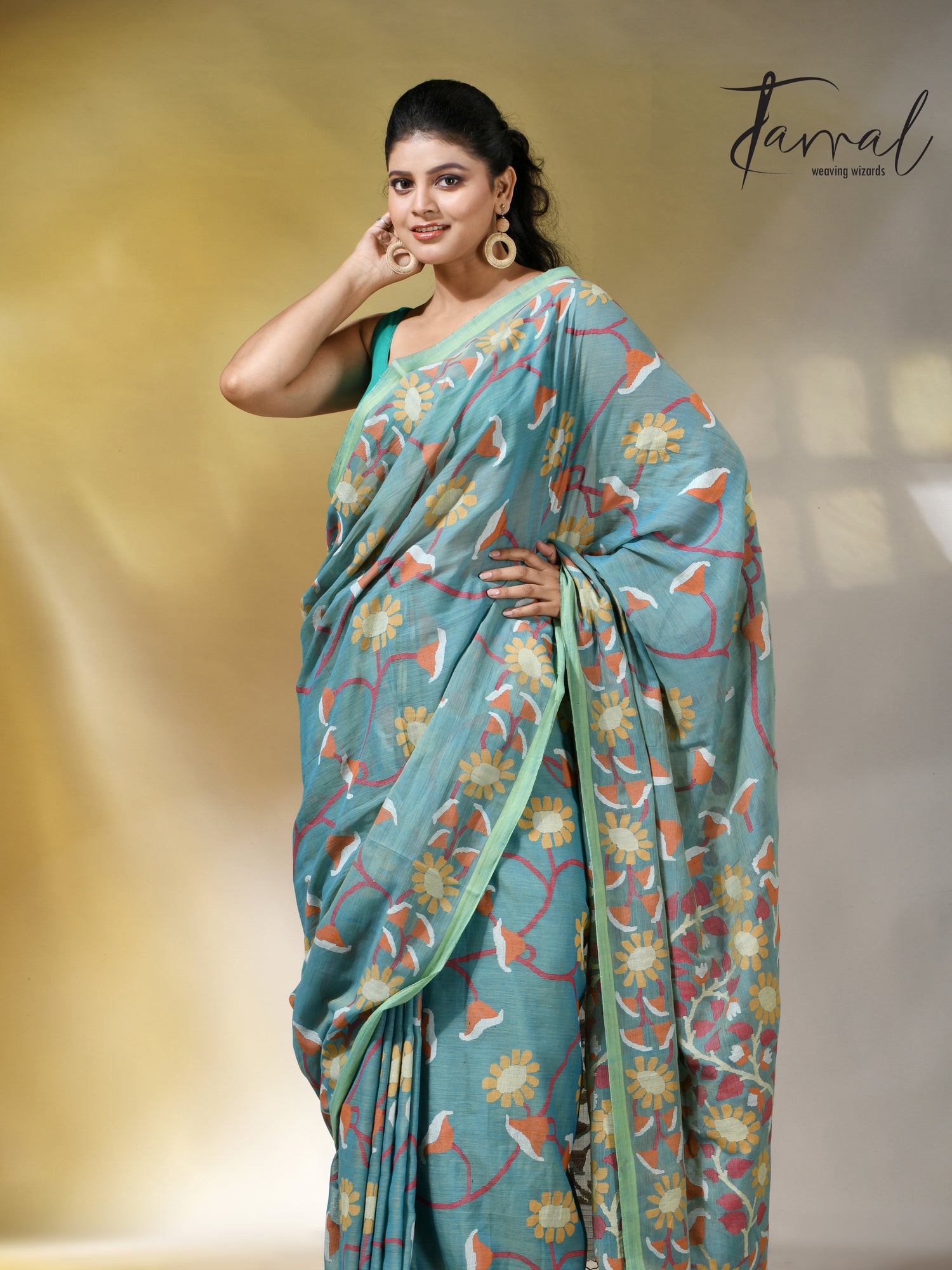 Moss green allover floral handwoven pure cotton jamdani saree