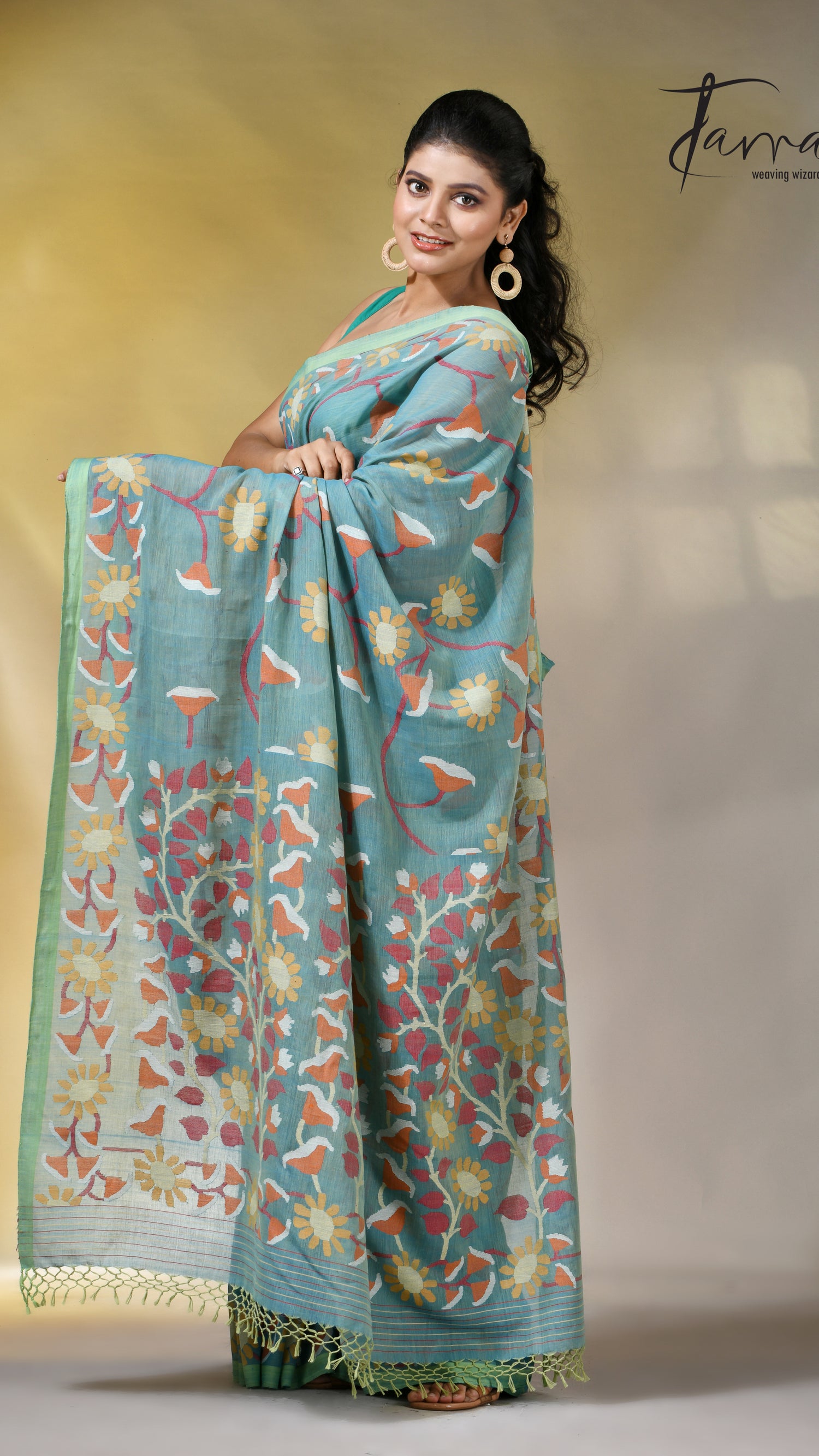 Moss green allover floral handwoven pure cotton jamdani saree