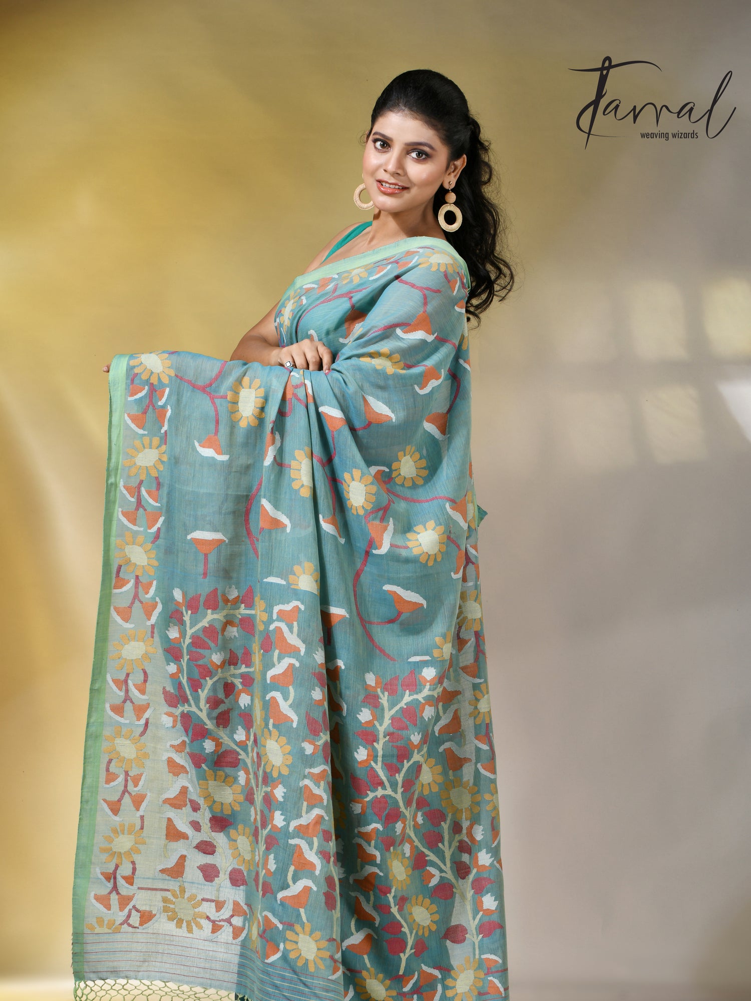 Moss green allover floral handwoven pure cotton jamdani saree