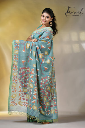 Moss green allover floral handwoven pure cotton jamdani saree