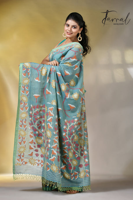 Moss green allover floral handwoven pure cotton jamdani saree