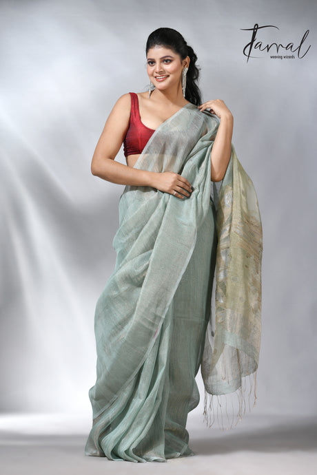 Moss green colour tissue silk linen handwoven jamdani saree