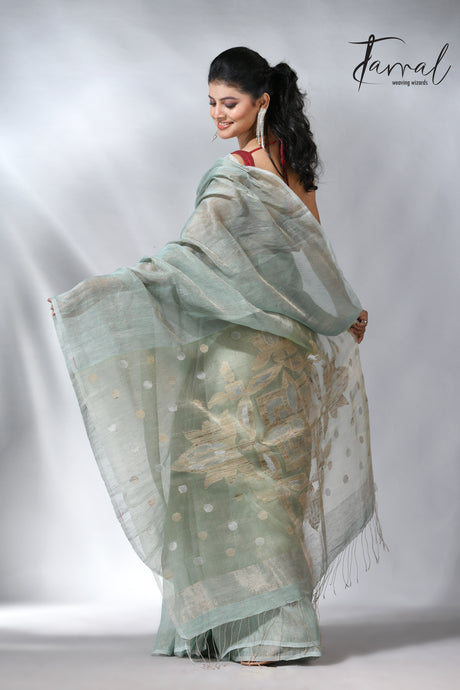 Moss green colour tissue silk linen handwoven jamdani saree