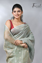 Moss green colour tissue silk linen handwoven jamdani saree