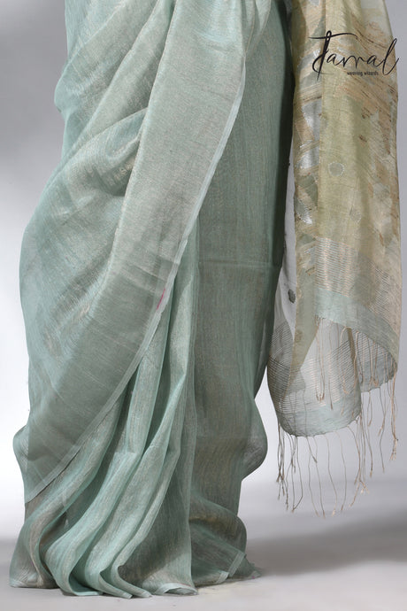 Moss green colour tissue silk linen handwoven jamdani saree