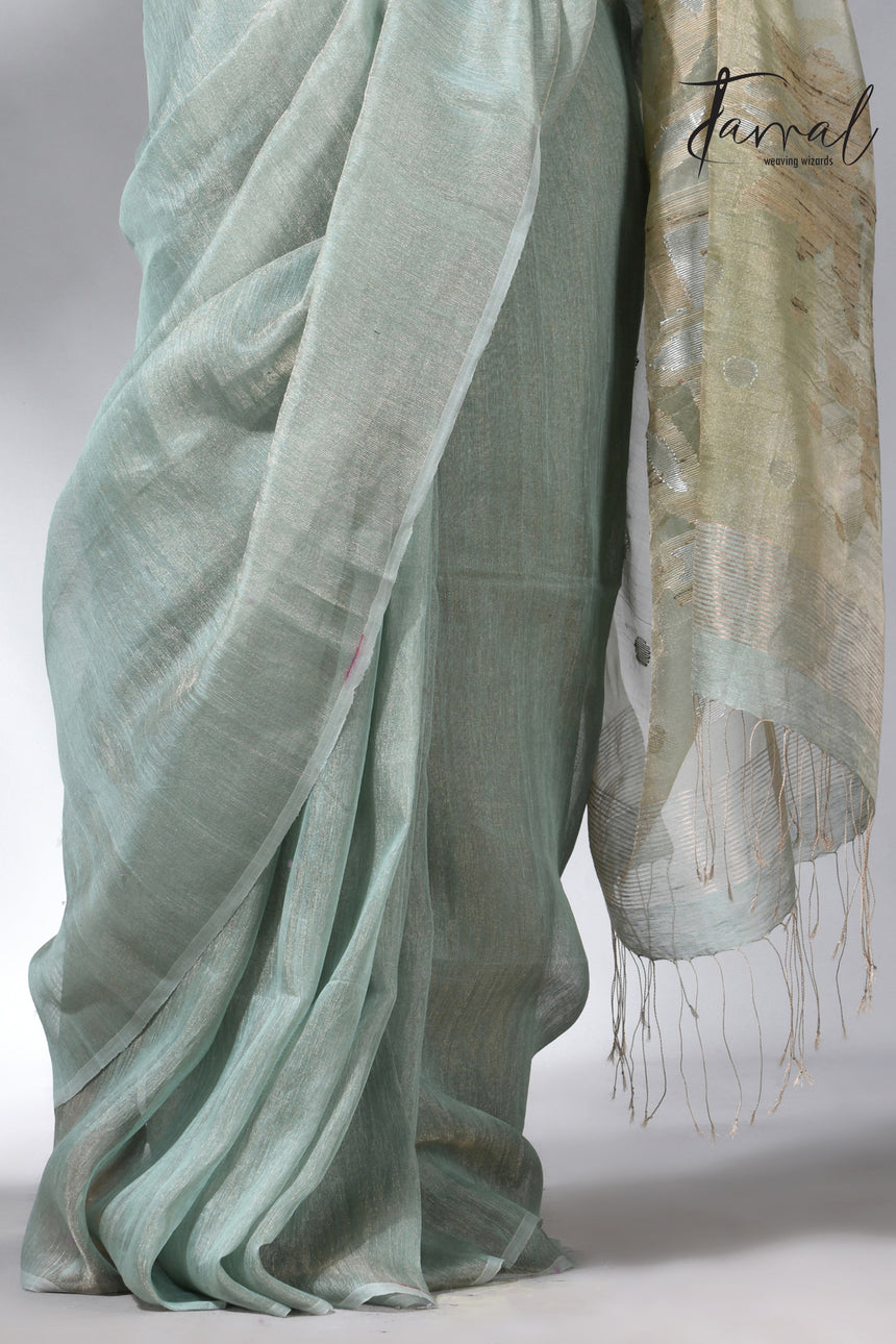 Moss green colour tissue silk linen handwoven jamdani saree