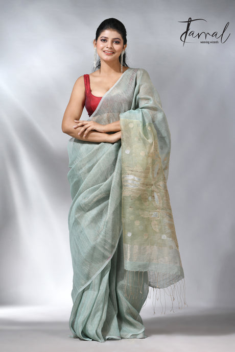 Moss green colour tissue silk linen handwoven jamdani saree