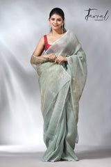 Moss green colour tissue silk linen handwoven jamdani saree