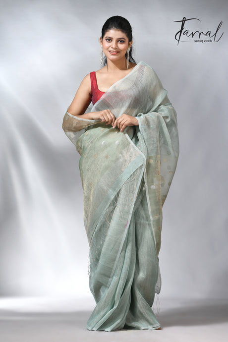 Moss green colour tissue silk linen handwoven jamdani saree
