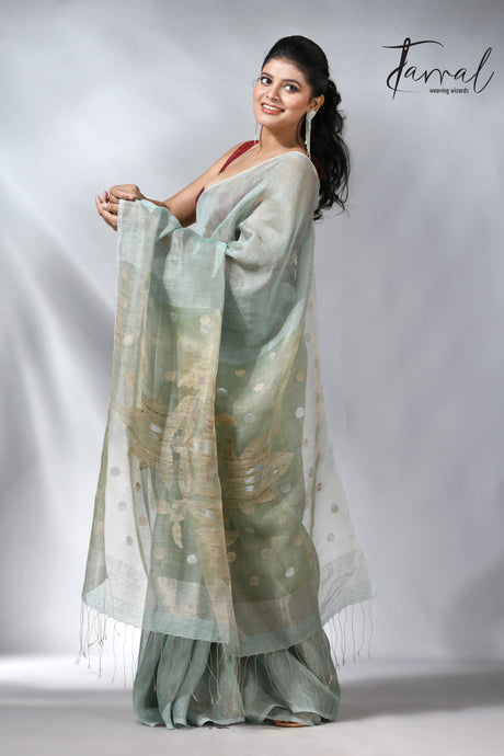 Moss green colour tissue silk linen handwoven jamdani saree