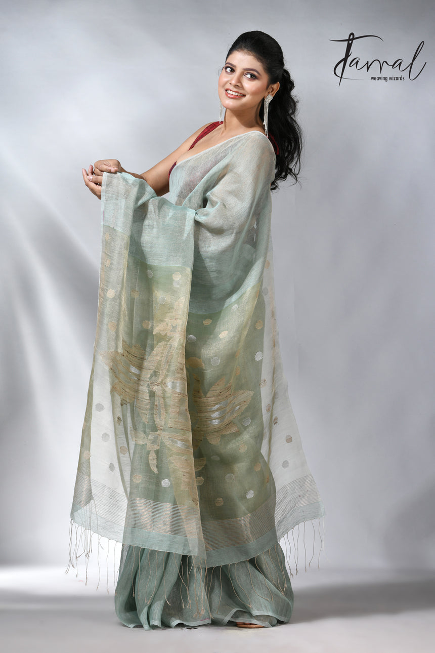 Moss green colour tissue silk linen handwoven jamdani saree
