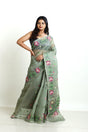 Moss green floral lata handwoven muslin silk jamdani saree - Tamal Boutique