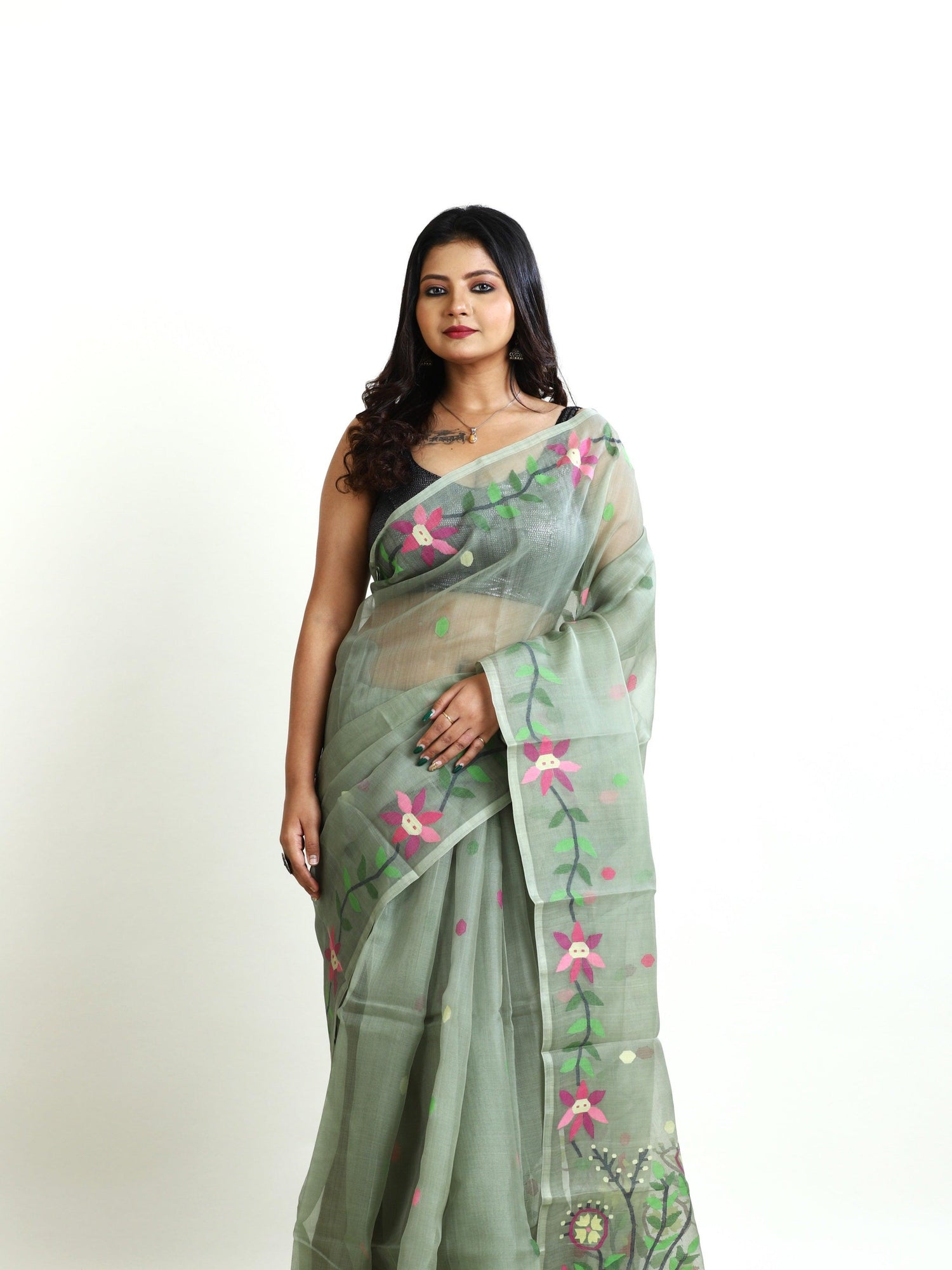 Moss green floral lata handwoven muslin silk jamdani saree - Tamal Boutique