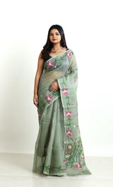 Moss green floral lata handwoven muslin silk jamdani saree - Tamal Boutique