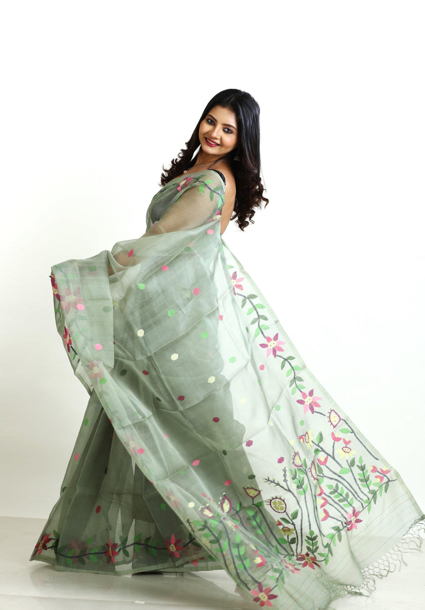 Moss green floral lata handwoven muslin silk jamdani saree - Tamal Boutique