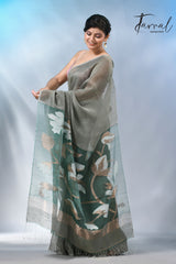 Moss green floral pallu silk linen handwoven jamdani saree