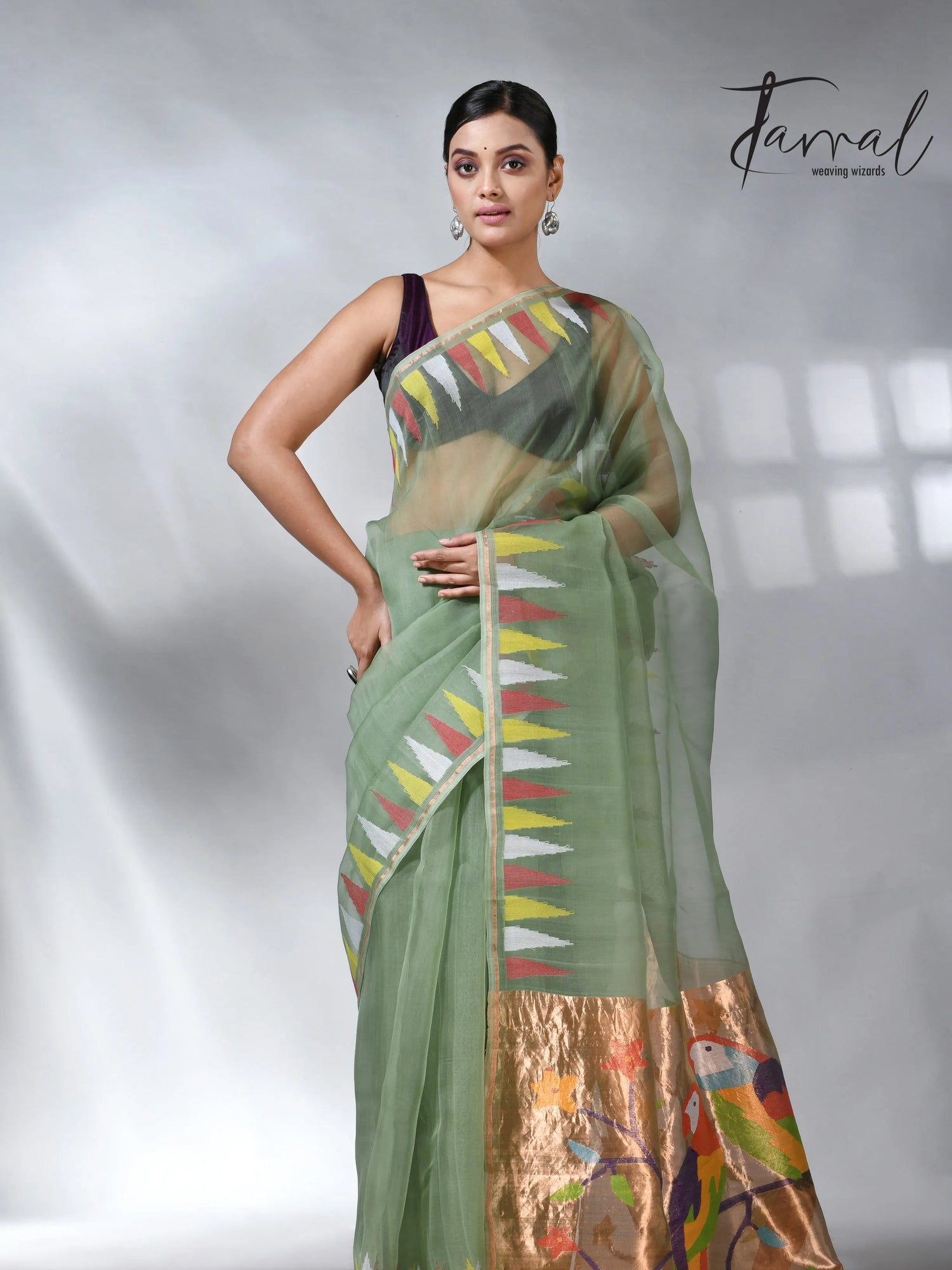 Moss_green_paithani_pure_muslin_silk_handwoven_jamdani_saree