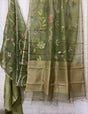 Moss green with allover floral handwoven muslin silk jamdani saree - Tamal Boutique