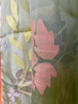 Moss green with allover floral handwoven muslin silk jamdani saree - Tamal Boutique