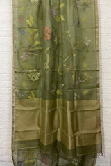 Moss green with allover floral handwoven muslin silk jamdani saree - Tamal Boutique
