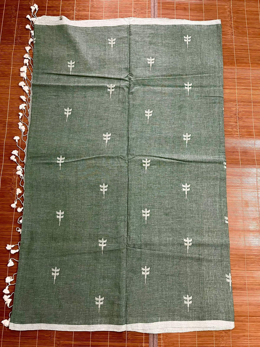 Moss green with white pure cotton jolphoring cotton handwoven jamdani saree - Tamal Boutique