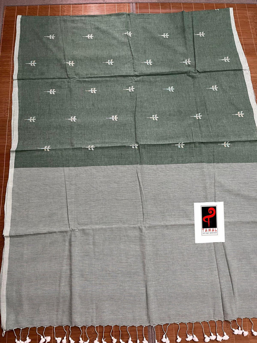 Moss green with white pure cotton jolphoring cotton handwoven jamdani saree - Tamal Boutique