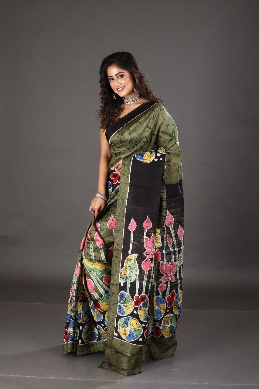 Moss green with multi colour lotus hand batik katan silk saree - Tamal Boutique