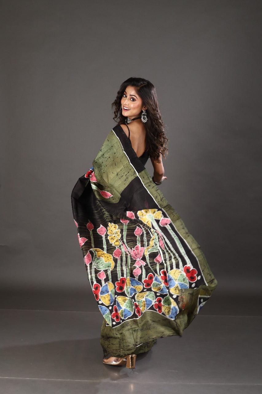 Moss green with multi colour lotus hand batik katan silk saree - Tamal Boutique