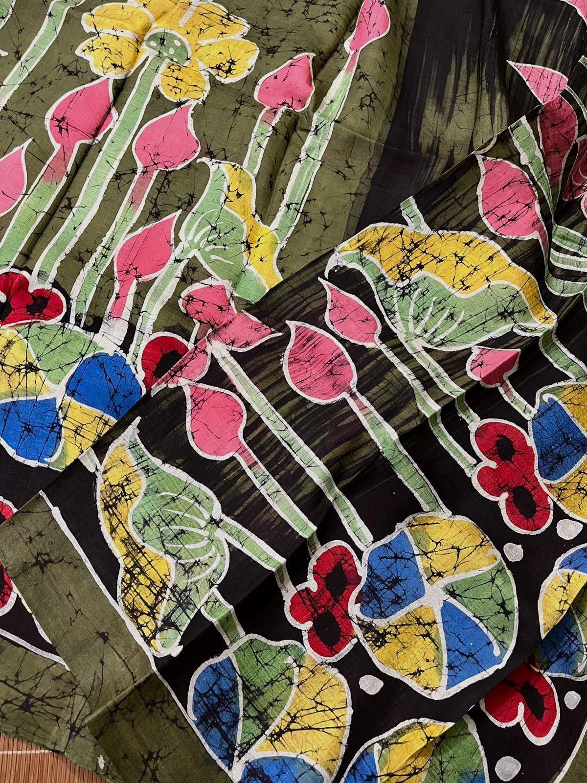 Moss green with multi colour lotus hand batik katan silk saree - Tamal Boutique