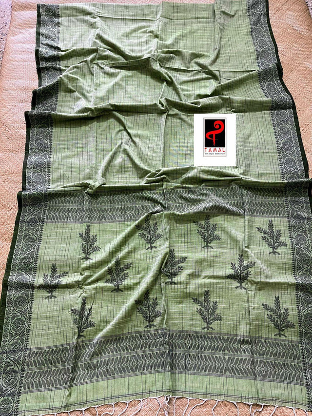 Moss green with black fulia cotton handloom jamdani saree - Tamal Boutique