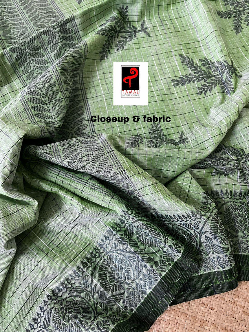 Moss green with black fulia cotton handloom jamdani saree - Tamal Boutique