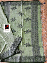 Moss green with black fulia cotton handloom jamdani saree - Tamal Boutique