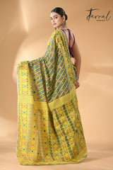 Moss green with sky yellow handloom soft dhakai jamdani saree - Tamal Boutique
