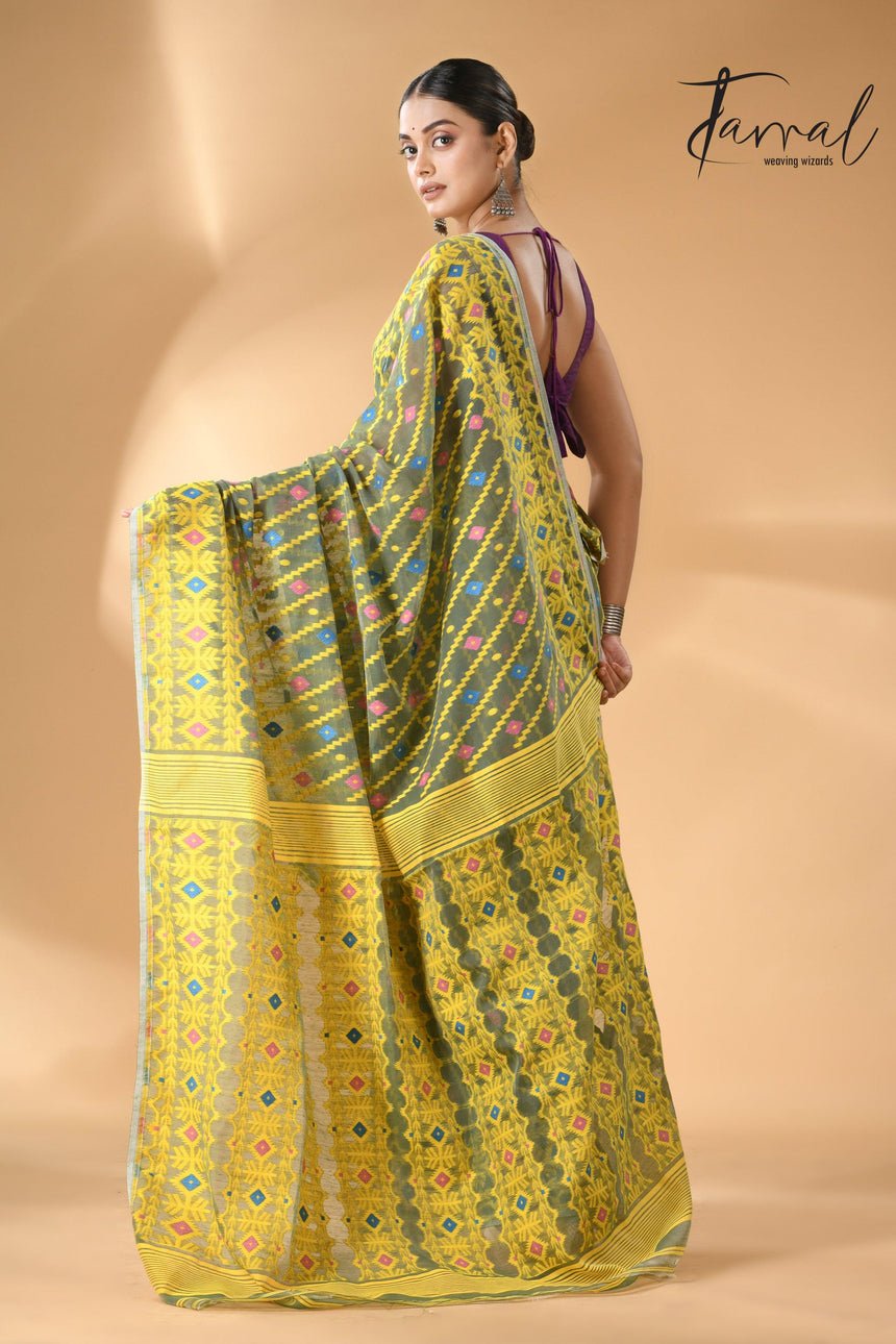 Moss green with sky yellow handloom soft dhakai jamdani saree - Tamal Boutique