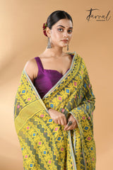 Moss green with sky yellow handloom soft dhakai jamdani saree - Tamal Boutique