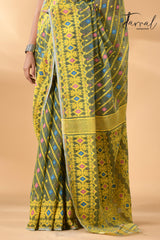 Moss green with sky yellow handloom soft dhakai jamdani saree - Tamal Boutique